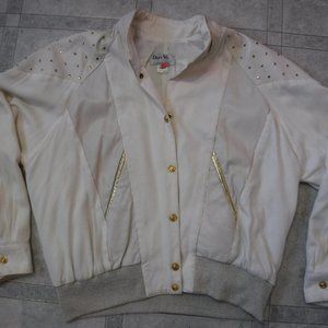 White Soft Bomber Jacket w Leather and Gold Accent